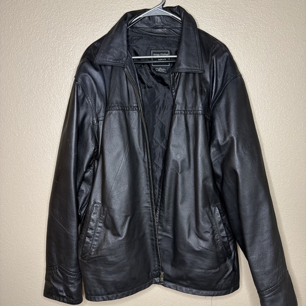 XL Men's Junction West Leather Jacket Black Flannel Lined Zip